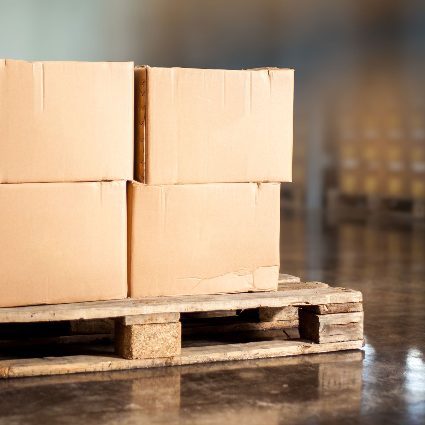 Photo of four boxes on a wooden shipping palette